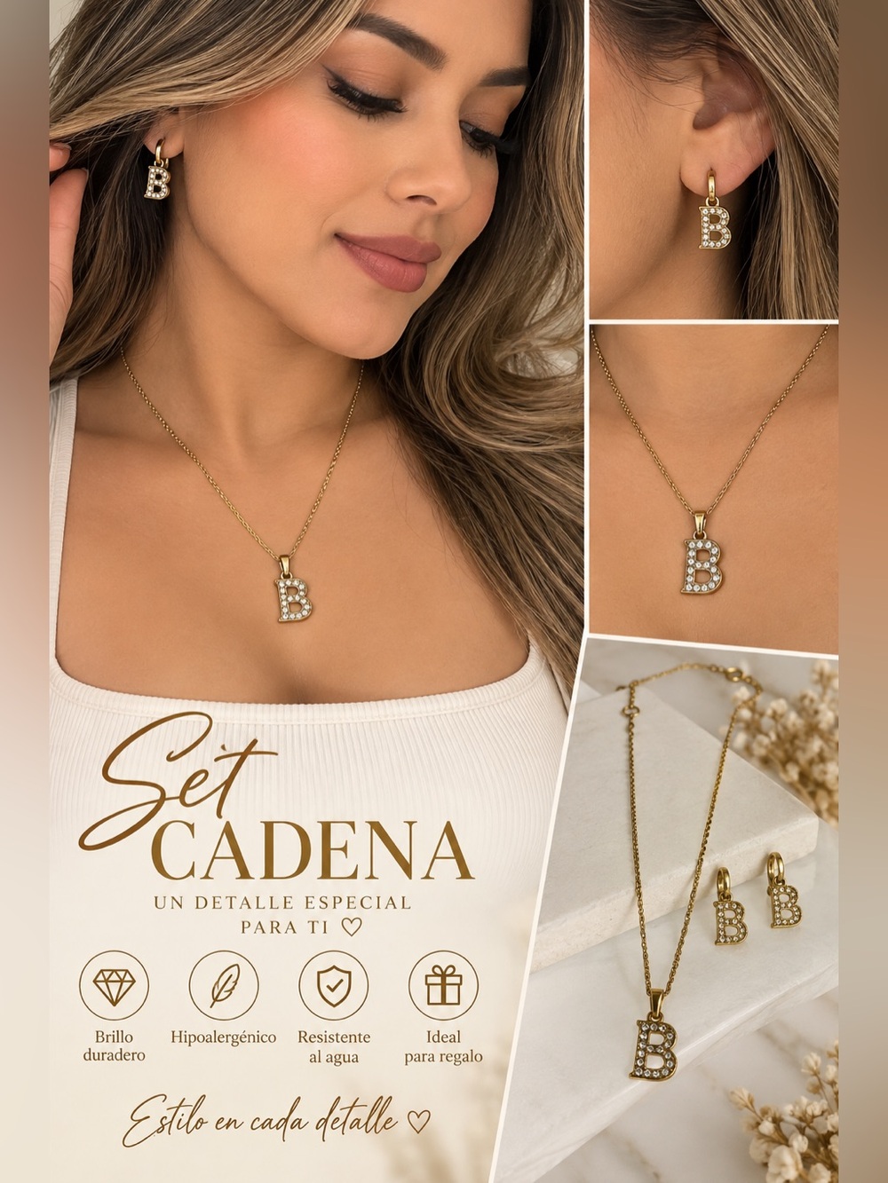 Gold Initial 'B' Necklace & Earring Set - Gold